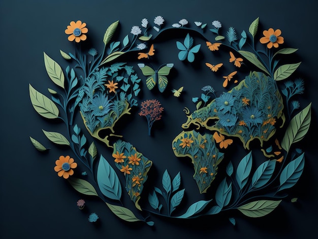 Mapa świata wykonana z liści i kwiatów w ilustracji 3D w stylu cięcia papieru Koncepcja kreatywnego pomysłu ochrony środowiska
