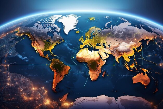 Zdjęcie mapa świata z dystrybucją sieci logistycznej na tle statek towarowy kontenerowy zamówienia towarów online na całym świecie
