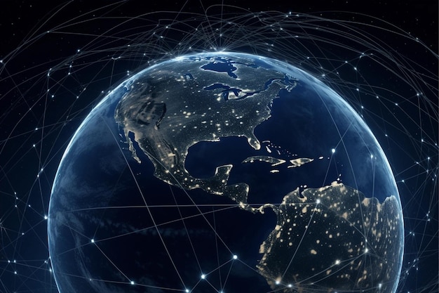 Mapa świata z globalną technologiczną siecią połączeń społecznościowych ze światłami i punktami