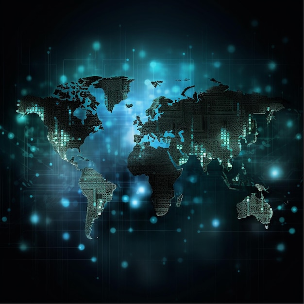 Mapa świata z globalną technologiczną siecią połączeń społecznościowych ze światłami i punktami