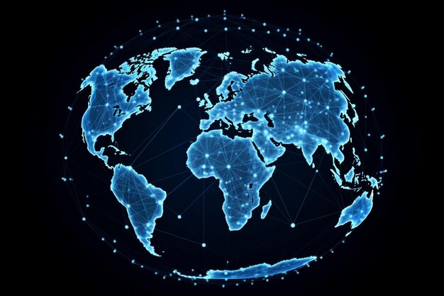 Mapa świata z globalną technologiczną siecią połączeń społecznościowych ze światłami i punktami