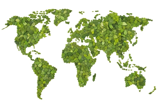 Mapa świata z zielonymi liśćmi samodzielnie na białym tle Mapa świata Green Planet Dzień Ziemi lub Koncepcja Dnia Środowiska Światowy Dzień Leśnictwa AI Generative