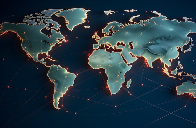 Mapa świata ze świecącymi liniami i kropkami Globalne połączenie sieciowe Renderowanie 3D