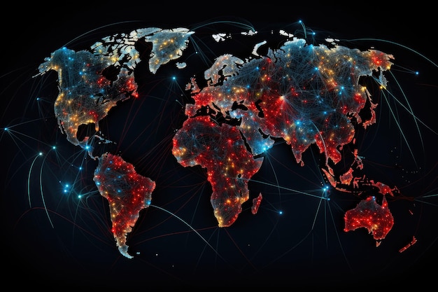 Mapa świata ze świecącymi liniami i kropkami na ciemnym tle Ilustracja wektorowa Mapa sieci komunikacyjnej świata Wygenerowano sztuczną inteligencję