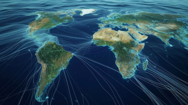 Mapa światowych szlaków żeglugowych podkreślająca potencjalne ścieżki dla gatunków inwazyjnych