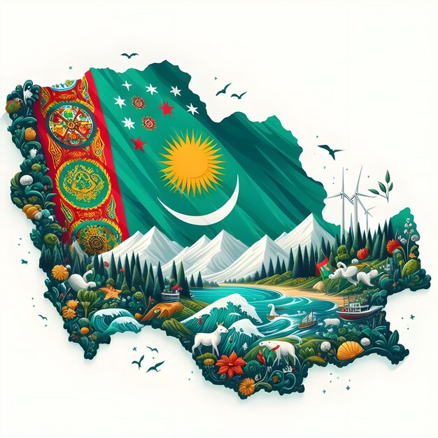 Zdjęcie mapa turkmenistanu z machającą flagą kraju