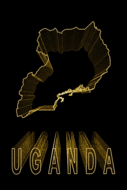 Mapa Ugandy, złota mapa na czarnym tle, efekt złota