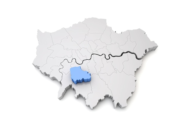 Mapa wielkiego Londynu przedstawiająca dzielnicę Merton w niebieskim renderowaniu d