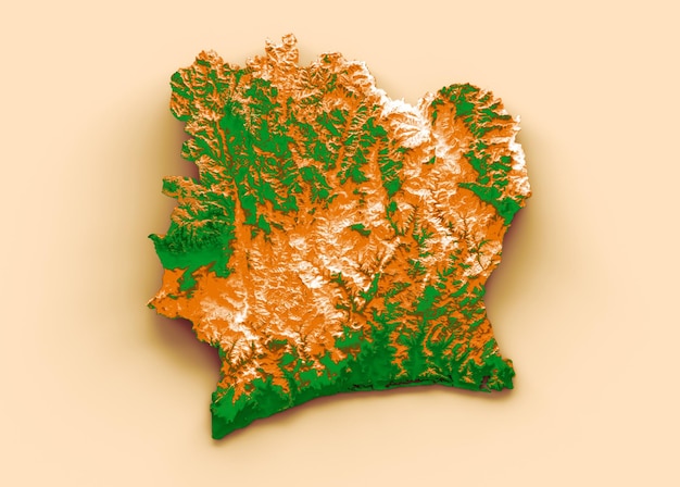 Zdjęcie mapa wybrzeża kości słoniowej z flagą kolory zielono-żółta zacieniowana mapa reliefowa