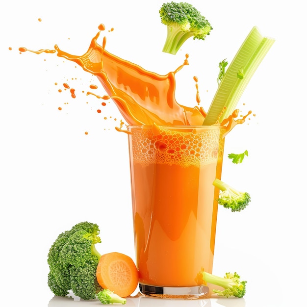 marchewka brokuł brokuł celery sok warzywny rozlewa się z góry do szklanki