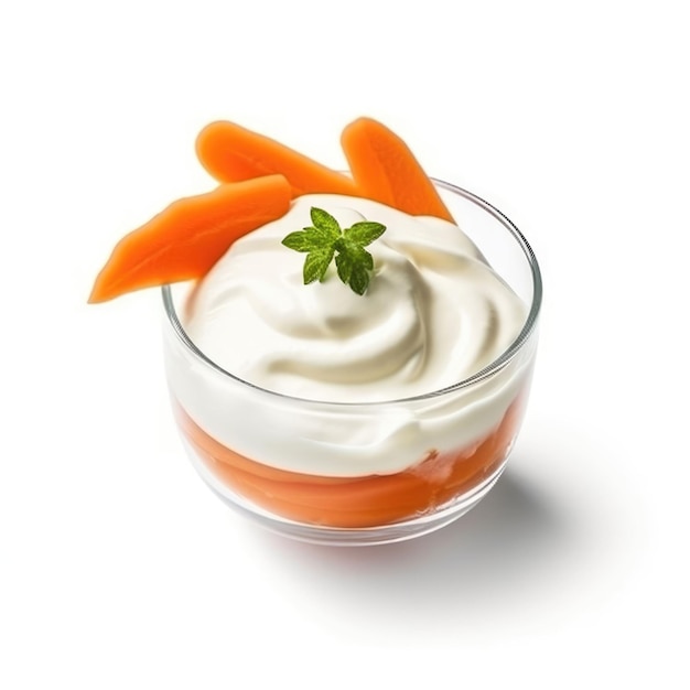 Zdjęcie marchwiany jogurt i jogurty z odosobnionym białym tłem