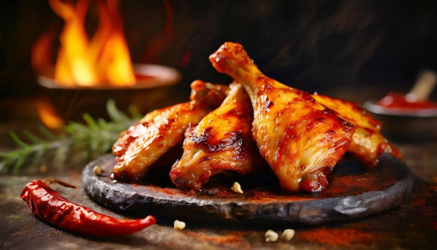 Marinowane skrzydła kurczaka na ciemnym tle Pyszny posiłek Pyszne jedzenie na kolację Menu barbecue