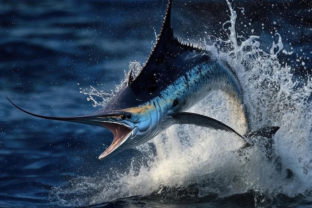 Marlin wyskakujący z wody machając płetwą grzbietową i ogonem