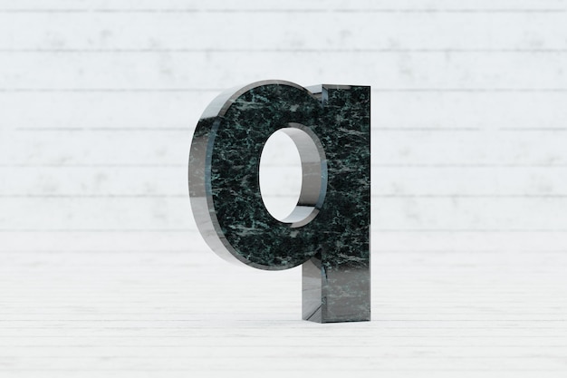 Marmur 3d mała litera Q. Ciemnozielony marmurowy list na białym tle drewna. 3D renderowany znak czcionki.