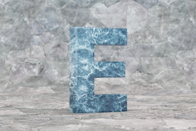 Zdjęcie marmur 3d wielka litera e. niebieski marmur list na tle kamienia. 3d renderowany znak czcionki.