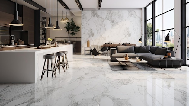 Marmur Carrara używany do dekoracji wnętrz z abstrakcyjnymi płytkami ceramicznymi i powierzchnią podłogi
