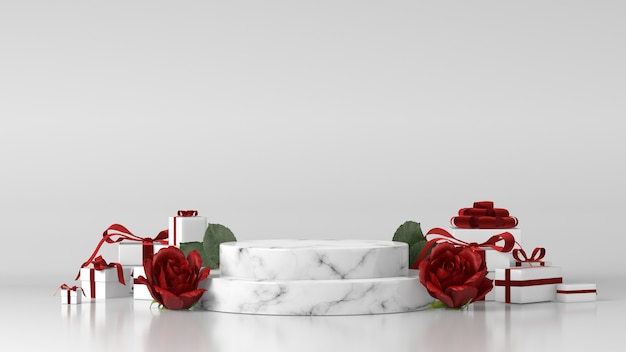 Marmurowe Podium Do Lokowania Produktu Ozdobione Różami I Pudełkami Na Prezenty