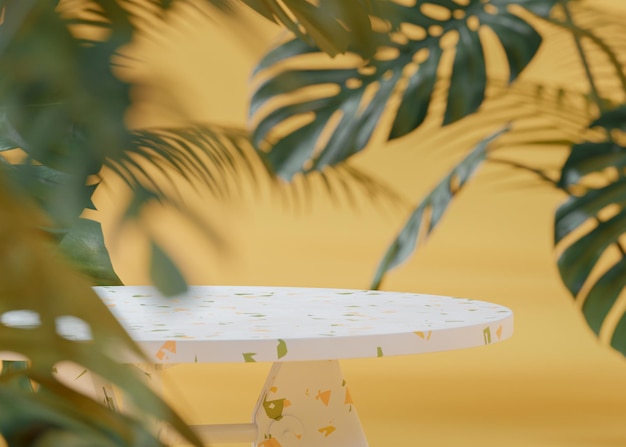 Marmurowy biały stół na tle tropikalnych drzew do lokowania produktu 3d render