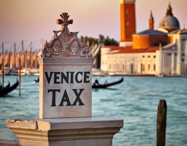 Marmurowy znak z tytułem "Venice Tax" przed weneckim tłem, aby zilustrować turystyczny podatek miejski