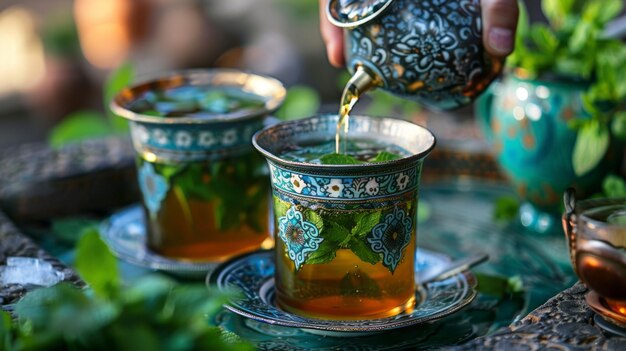 Zdjęcie marokańska herbaciarnia z rękami nalewającymi herbatę miętową do tradycyjnej szklanki