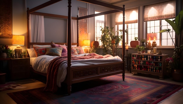marokańska sypialnia z łóżkiem z baldachimem, kolorowymi dywanikami i wzorzystymi tekstyliami