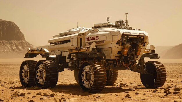 Mars rover jeździ na pustyni futurystyczny pojazd na powierzchni Marsa scena na opuszczonej planecie Koncepcja technologii misji nauka eksploracja i przyszłość