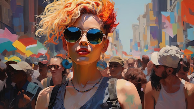 Marsz dumy LGBT w mieście z dużym tłumem i kolorowymi włosami w stylu realistycznych szczegółów
