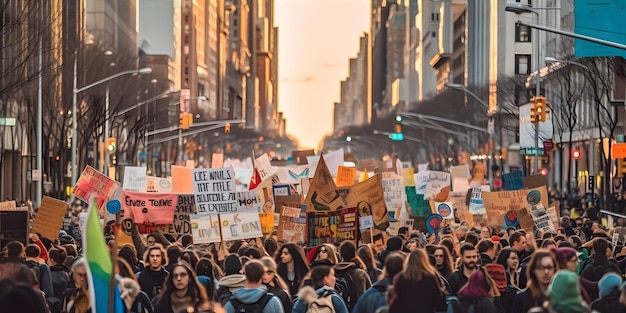 Marsz protestacyjny na rzecz świadomości zmian klimatycznych z żywymi znakami i banerami