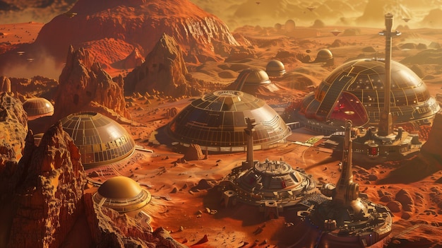 Martian Outpost - futurystyczna ludzka kolonia na Marsie z kopułowymi siedliskami, wysoką komunikacją