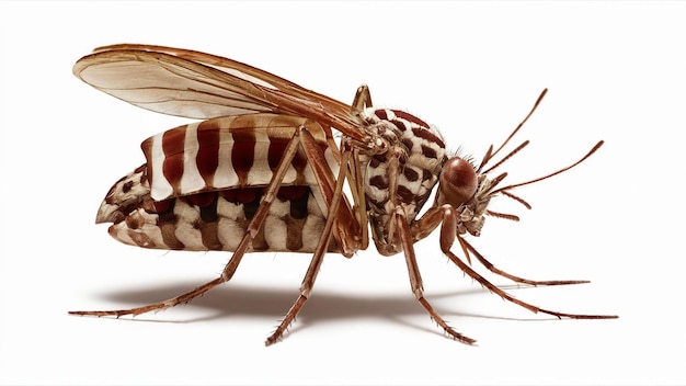 martwa mucha jest pokazana z dużym robakiem na twarzy