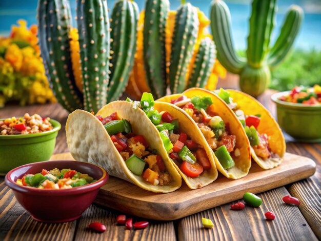 martwa natura Cinco de Maya tradycja meksykańska jedzenie świeże pyszne tacos na desce kaktus wokół