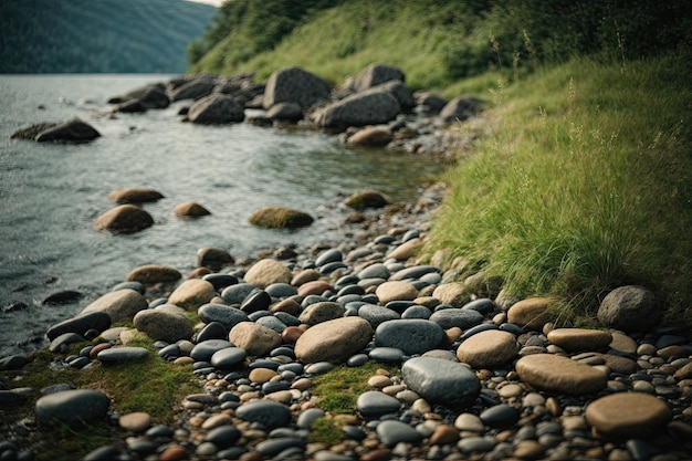 Martwa natura nad wodą z kamieniami, trawą i wodą ai generatywną