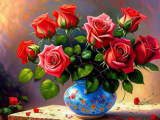 Martwa natura róże kwiaty w wazonie bukiet czerwonych róż nad drewnianym stołem Obraz farby olejne na płótnie obraz stworzony za pomocą generatywnej sztucznej inteligencji