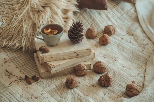 Martwa natura w mieszkaniu wnętrza salonu. Swetry i filiżanka herbaty ze stożkiem, orzechami i jesiennymi dekoracjami na książkach. Czytaj, odpoczywaj. Przytulna koncepcja jesień lub zima.