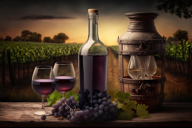 Martwa natura z butelką i kieliszkami czerwonego wina i winogron w polu generatywnym ai
