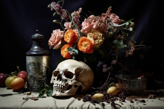 Martwa natura z czaszką i kwiatami na monochromatycznym tle