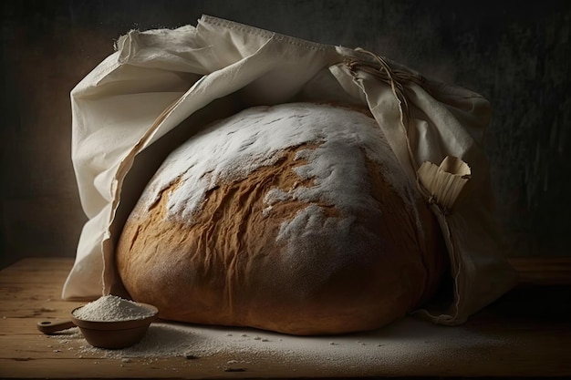 Martwa natura z dużym workiem pełnym mąki z bochenkami chleba na ciemnym tle Generative AI