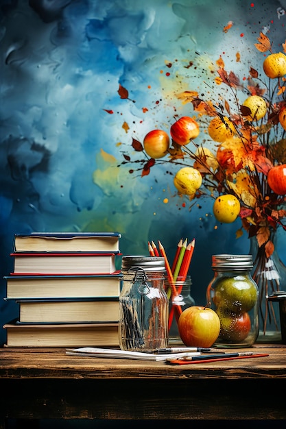 Martwa natura z jabłkami, książkami i ołówkami na drewnianym stole