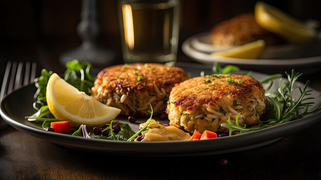 Maryland Crab Cakes z posiekaną zielenią na drewnianym talerzu z niewyraźnym tłem