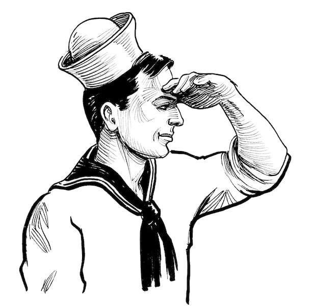 Marynarz patrząc w dal Ręcznie rysowane tuszem na papierze czarno-biały rysunek