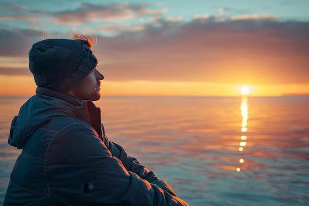 Marynarz spokojnie cieszy się chwilą samotności o wschodzie słońca, patrząc na spokojny horyzont oceanu z poczuciem spokoju i przygody.