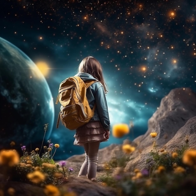 Zdjęcie marząca młoda dziewczyna z plecakiem na polu kwiatowym patrząca na niebo pełne obiektów astronomicznych ph
