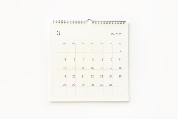 Marzec 2023 strona kalendarza na białym Tło kalendarza dla przypomnienia o spotkaniu biznesowym i wydarzeniu