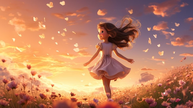 Marzycielska i kapryśna scena przedstawiająca dziewczynę puszczającą latawiec na zboczu wzgórza pokrytym kwitnącymi kwiatami