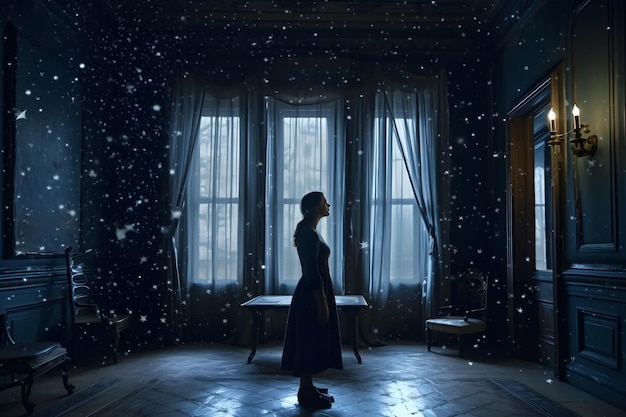 Marzycielska księżniczka fantasy patrzy na nocne niebo i gwiazdy. Wygenerowana sztuczna inteligencja sieci neuronowej