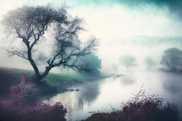 Marzycielska rozmyta sceneria z drzewami i krajobrazem w mgle nad rzeką