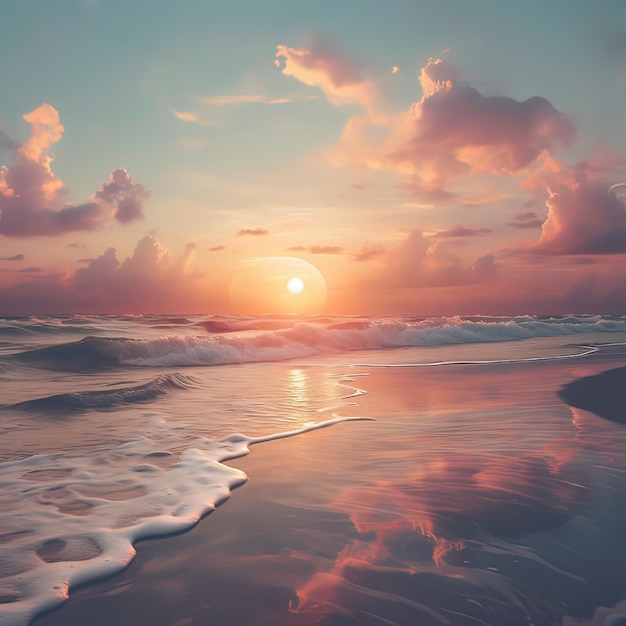 Marzycielski, pastelowy zachód słońca na plaży z pochmurnym niebem Generatywna ai