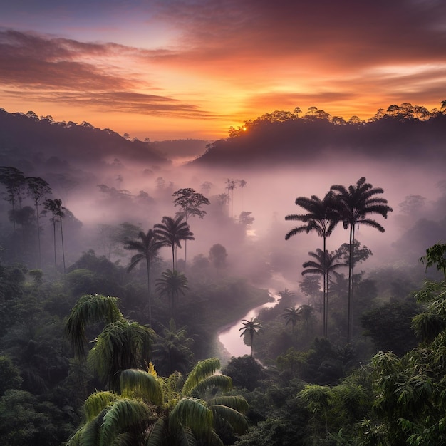 Marzycielski wschód słońca nad tropikalną dżunglą Generacyjna sztuczna inteligencja
