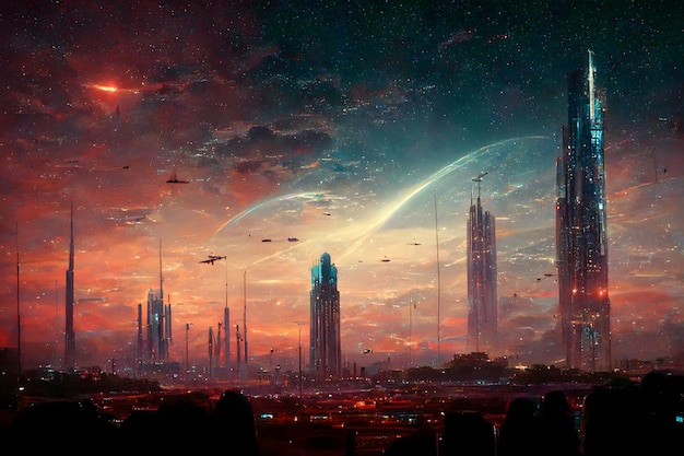 Marzycielskie futurystyczne miasto w kosmosie z kolorowymi chmurami i wysokimi iglicznymi wieżowcami neuronowymi