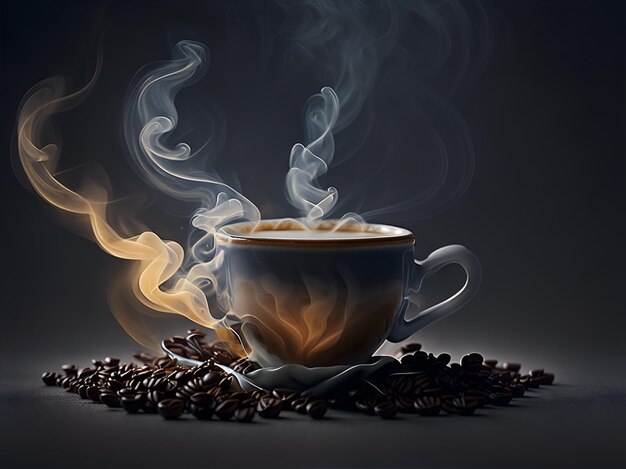 Marzycielskie surrealistyczne zdjęcie filiżanki kawy z wirującym dymem i posypką gwiazd